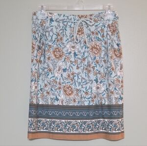 Esqualo Blue +Brown Floral Western Boho Coastal Knee High Adjustable Skirt Sz M